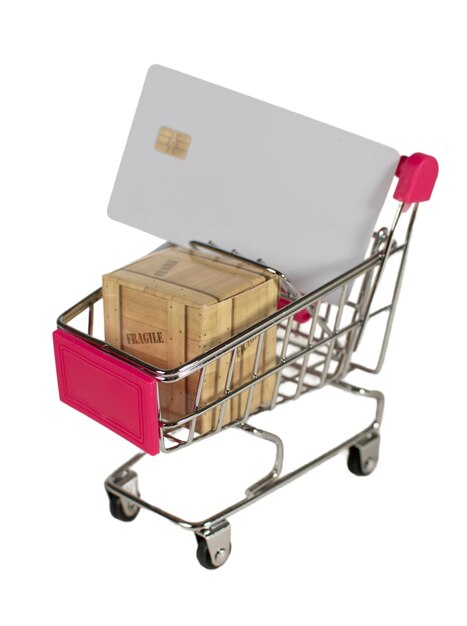 사진 색 카드 와 갈색 상자 가 있는 쇼핑 카트