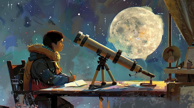 写真 恥ずかしいネイティブアメリカンの少年が月を指した塵のぼった望遠鏡を持って机に座って自分の観察を磨かれた日記に書き留めている好奇心に満ちた内省的な