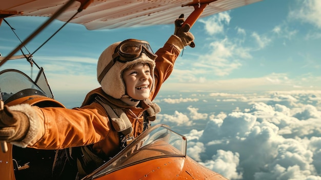 Фото Боковой вид картины, на которой ребенок летает в небо в костюме летчика
