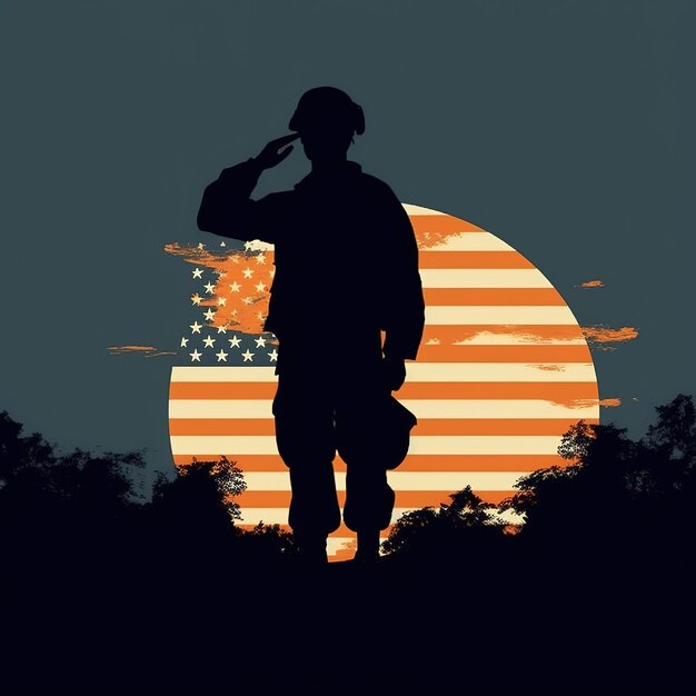 Фото Силуэт солдата, приветствующего флаг