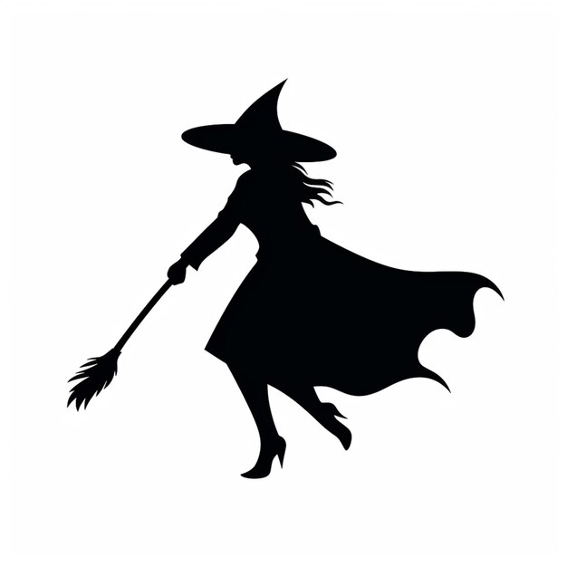 Фото Силуэт ведьмы, летящей на метле с шляпой и плащом