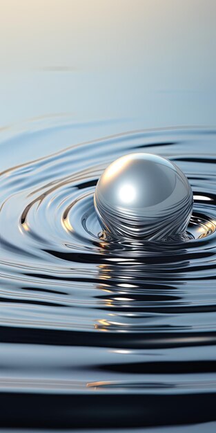 Фото Серебряный шар, плавающий в воде с его отражением