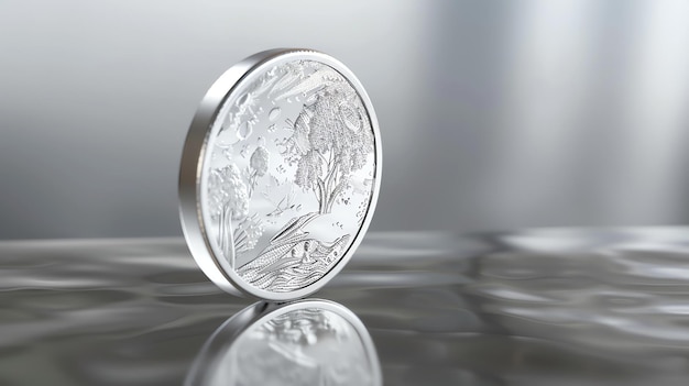 Фото Серебряная монета с подробным дизайном природы монета сидит на отражающей поверхности с размытым фоном