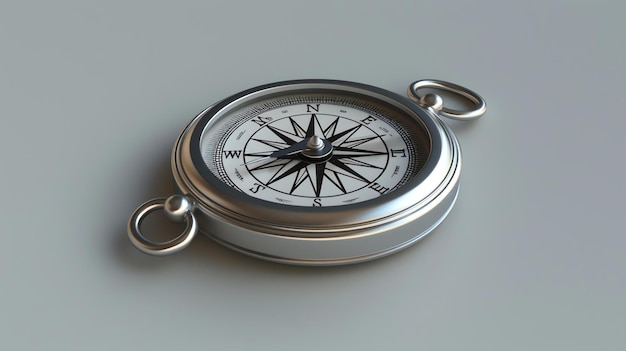 Фото Серебряный компас на белом фоне компас наклонен в сторону, чтобы зритель мог увидеть внутреннюю часть компаса