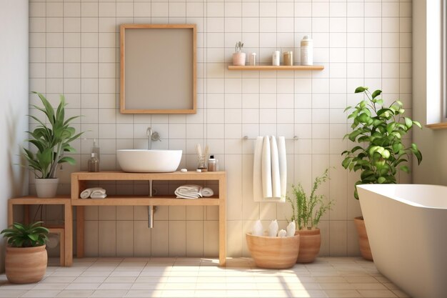 写真 白いタイルと植物を備えたシンプルな浴室フォトリアリズムなシーン木製のフォトリアリスト