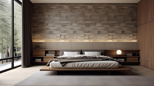 Фото Простая спальня с деревянной акцентной стеной