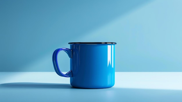 사진 단순한 파란색 컵은 파란색 바탕에 파란색 테이블에 앉아 있습니다. 컵은 에말로 만들어져 있고 검은색 가장자리가 있습니다.