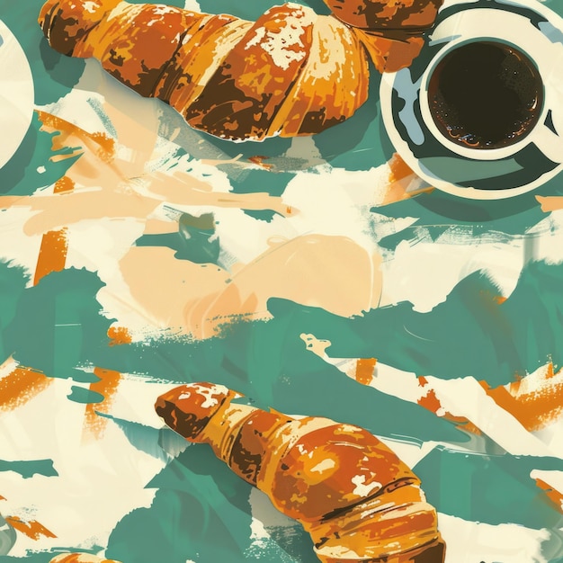 사진 테이블 위에 두 개의 크로아산과 커피 한 잔을 가진 간단한 장면 음식과 음료 개념에 이상적입니다.