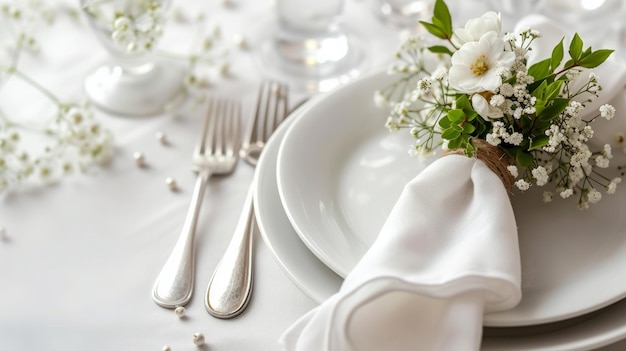 写真 春のシンプルさを祝う野花の小さな花束でシンプルな白いテーブルセット