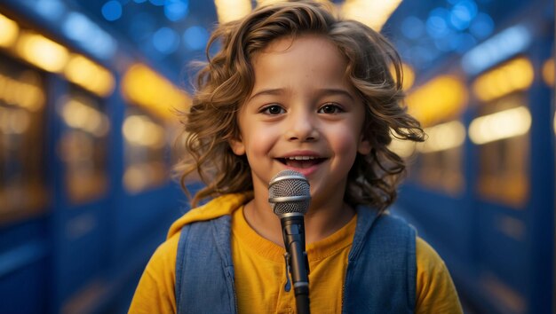 Фото Певающий мальчик в желтом капюшоне с длинными волосами поет в микрофон на синем и желтом волшебном фоне