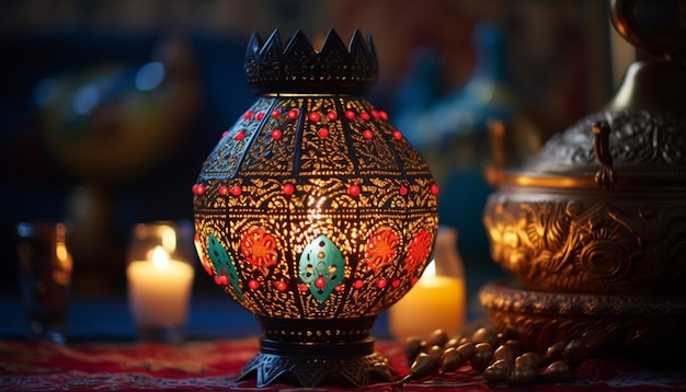 写真 薄暗く照らされた部屋で点灯された単一のエレガントな伝統的なパキスタンのランプ
