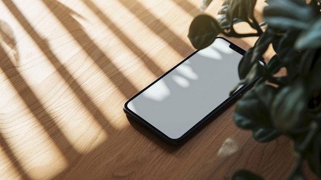 写真 オフィスの木製のテーブルの上にある単一の携帯電話 generative ai