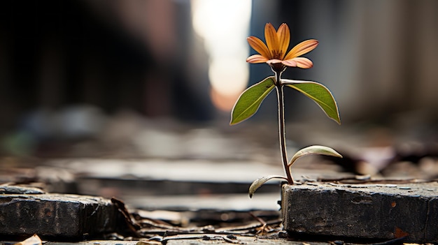 写真 地面の亀裂から伸びる一輪のオレンジ色の花