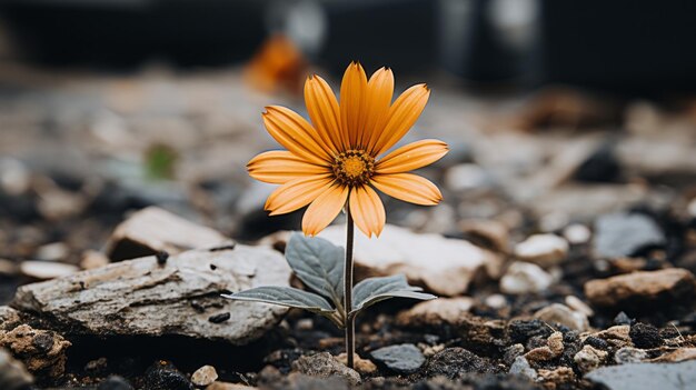 Фото Одинокий оранжевый цветок, растущий из земли