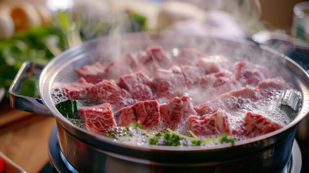 사진 고기 와 신선 한 채소 의 부드러운 조각 으로 가득 찬 뜨거운 핫 은 시청자 들 이 샤부샤부 의 맛 있는 맛 을 즐기도록 초대 한다