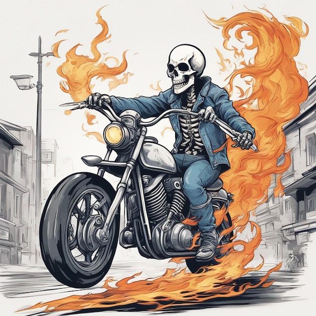 写真 ジャケットとジーンズを着てバイクに乗っているスケルトンと火のtシャツのデザインベクトルが準備されています