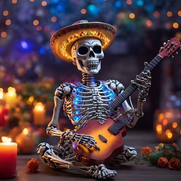 写真 ソムブレロを着た骨格がギターと背景のキャンドルでテーブルに座っている