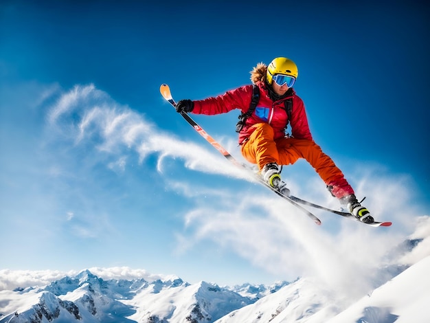 写真 鮮やかな衣装を着たスキーヤーは雪粒子のトレイルで澄んだ青い空に逆らって空を飛ぶ