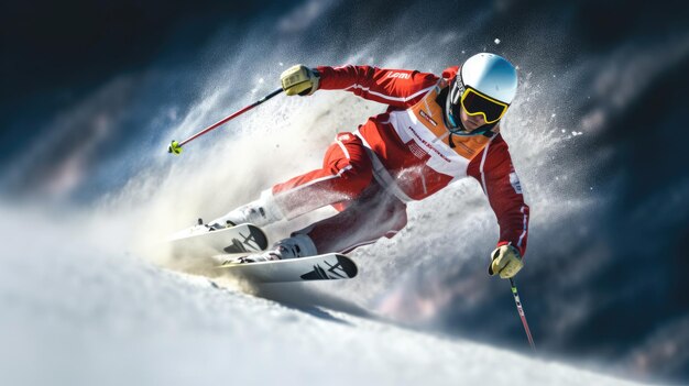 A Skiër skiën Springen skiën Snowboarden Extreme wintersporten Skiën downhill tijdens een zonnige dag in de hoge bergen Generatieve Ai