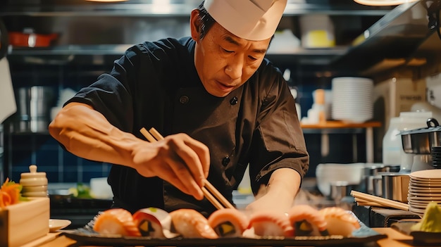 写真 熟練 し て 集中 し て いる 日本 の シェフ は,商業 的 な キッチン で 美味しい スシ 皿 を 準備 し て い ます