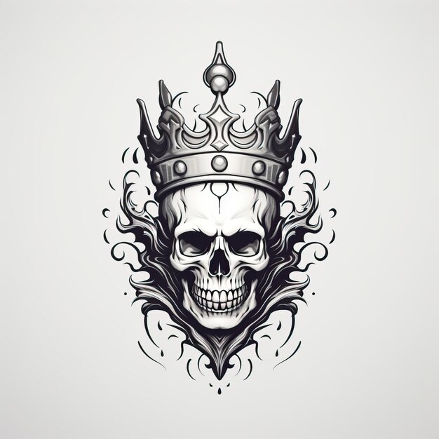 Фото Логотип черепа с короной над ним в стиле черно-белого реализма уникальный дизайн персонажа