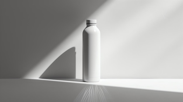 Фото Гладкая и современная сцена демонстрирует многоразовую бутылку белой воды в качестве фокусной точки, идеально гармонирующей с минималистской эстетикой.