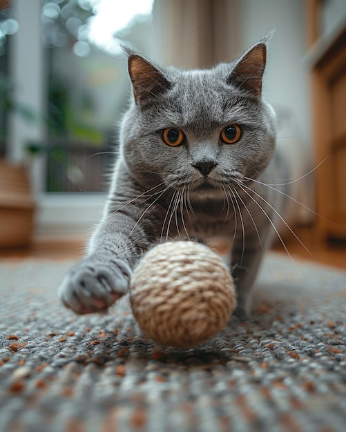 Фото Гладкая русская голубая кошка, гоняющаяся за фоном