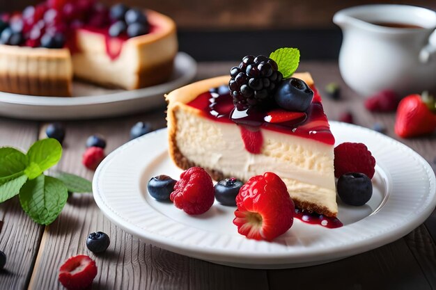 写真 ベリー付きのチーズケーキとカップ1杯のコーヒー