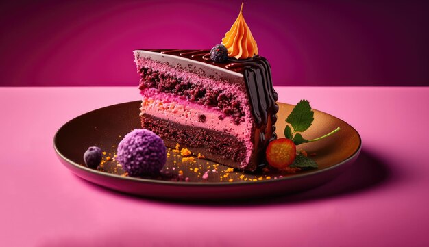 사진 보라색 배경을 가진 접시에 초콜릿 케이크 한 조각.