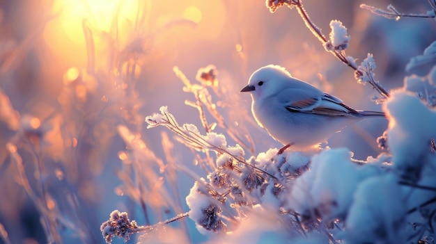 Фото Маленькая птица на заснеженной ветви в лесу в розовом свете заката зимой фон природы обои