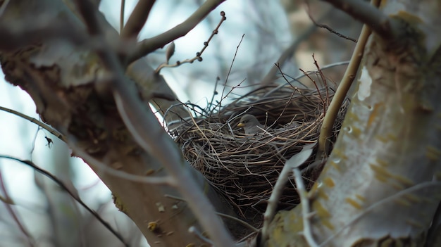 写真 小さな鳥が枝や枝に囲まれた巣に座っています巣は木の上にあり鳥は下の世界を見ています