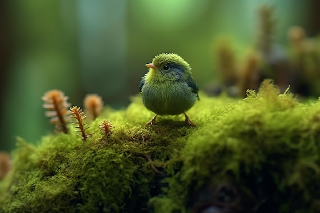 Фото Маленькая птица сидит на моховой ветви дерева.
