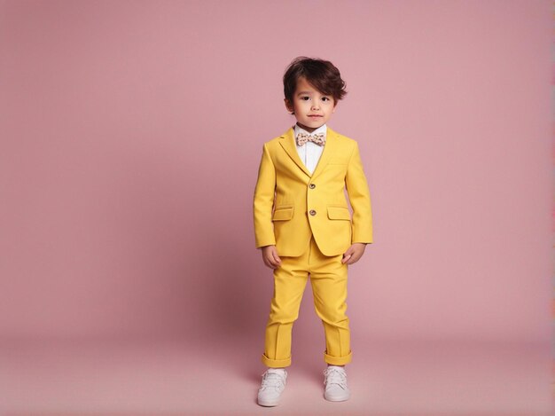사진 트렌디한 노란색 슈트 패션 사진을 입은 작은 소년