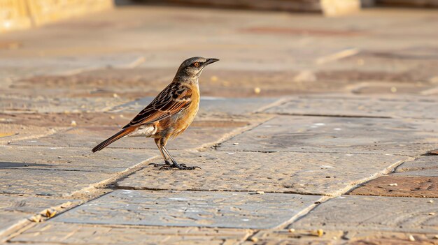 写真 白い腹と黒い目を持つ小さな茶色い鳥が石の床に立っています鳥はフレームの右を見ています