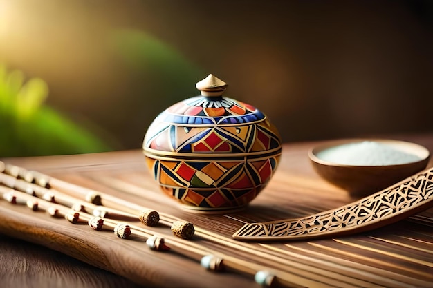 Фото Небольшой керамический горшок стоит на деревянном подносе с чайной чашкой.