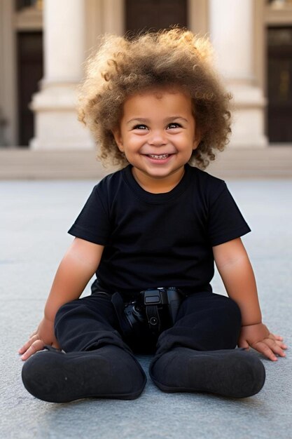 사진 카메라와 함께 바닥에 앉아 있는 작은 아이