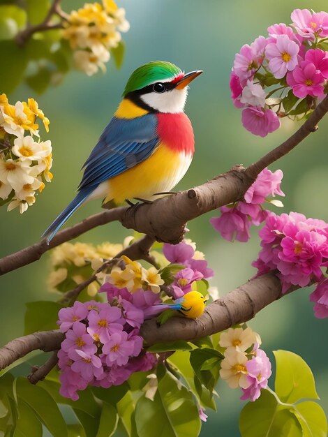 写真 花の木に座っている小さなカラフルな鳥ai画像