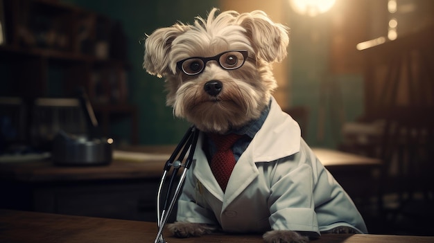 Фото Маленькая собачка в очках врача и стетоскопе на темном фоне уход за домашними животными и уход за ним