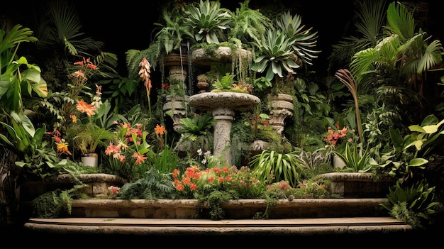 Фото Небольшой сад с фонтаном и цветами
