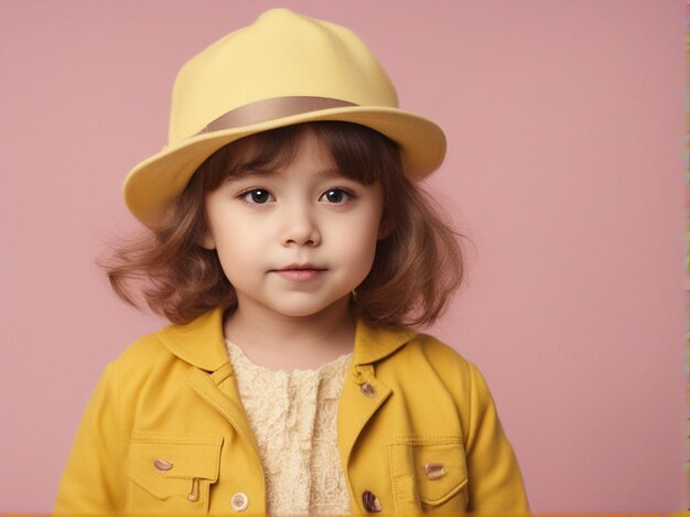 사진 노란색 옷을 입고 모자를 입은 작은 소녀