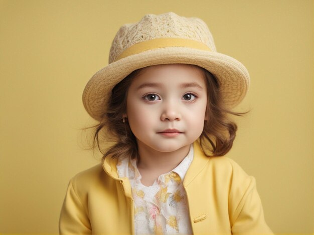 写真 黄色い服を着て帽子をかぶった小さな女の子