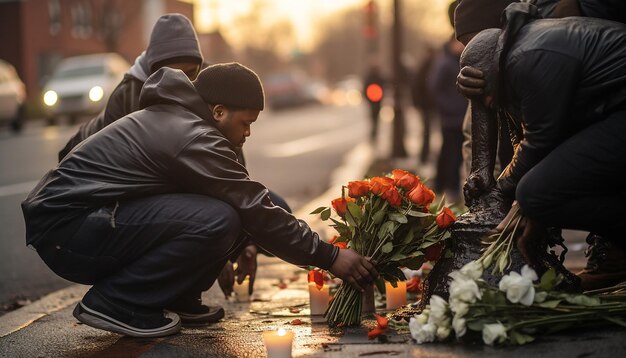 사진 작은 그룹이 지역 mlk 동상이나 그의 명예로 명명된 거리에 꽃봉오리와 꽃을 놓고 있습니다.