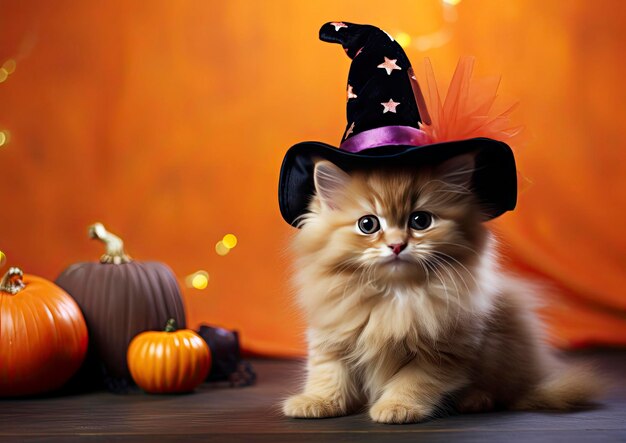 写真 魔女の帽子をかぶった小さな子猫