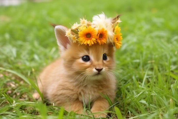 写真 頭に花冠をかぶった小さな子猫