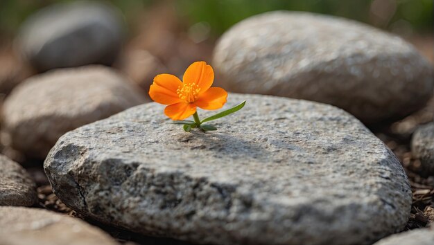 사진 작은 오렌지 꽃이 돌 위에 앉아 있습니다.