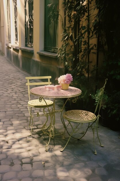 Фото Небольшой столик с розовыми цветами на нем