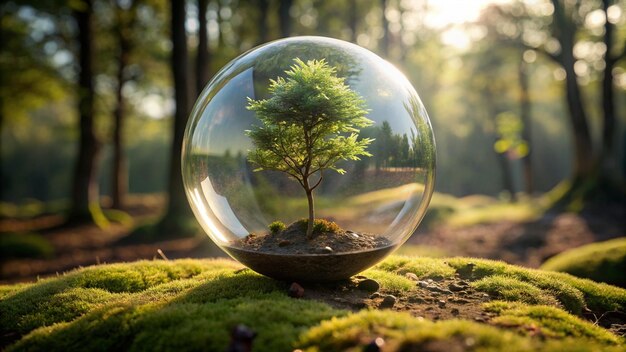 Фото Небольшое дерево в пузырьке с солнцем за ним