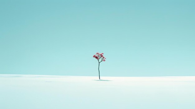 写真 広大な白い砂漠の中で小さな木が一人で立っています空はきれいな青で木の上には一本のピンクの花があります