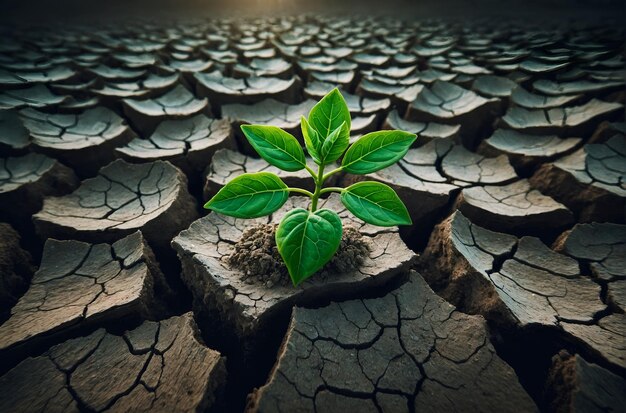 Foto a small vibrant green plant emerging strongly from dry cracked soil