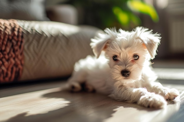 写真 小さな白い犬が木製の床の上に静かに横たわり一瞬のリラックスを楽しんでいます